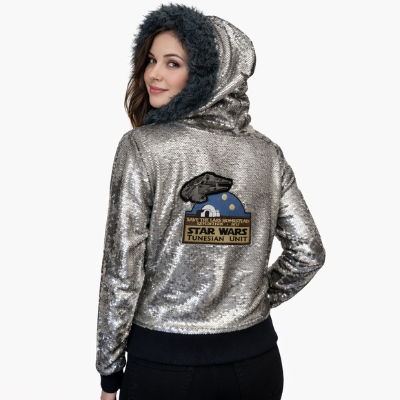 Stardust Love Jackets & Blazers - Star Wars - Stardust Love - Save The Lars - Silver Sequin Jacket w/Faux Fur Hood